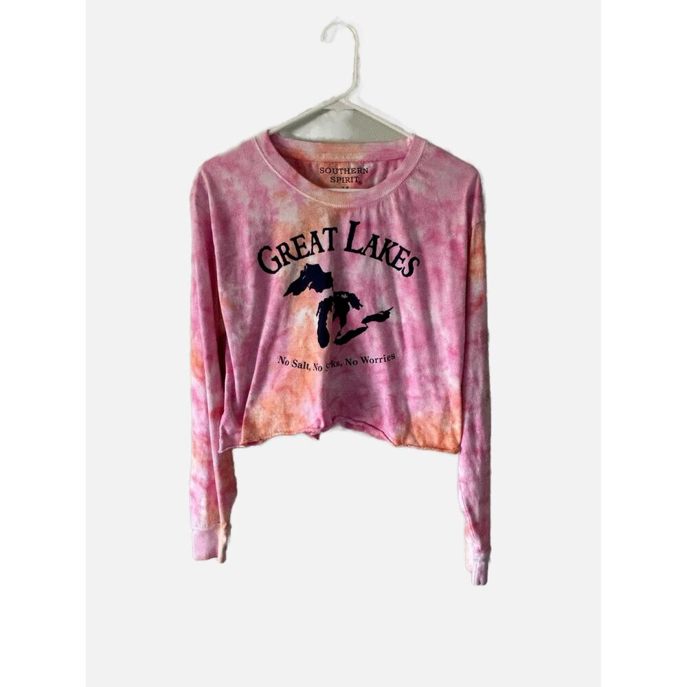 Southern Spirit Great Lakes Graphic Pink Tie Dye Long Sleeve Cropped Top M